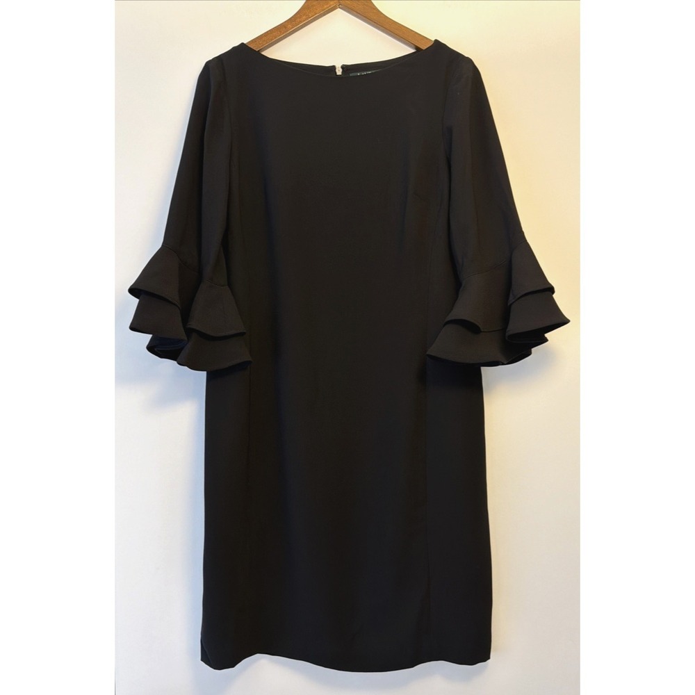 Lauren Ralph Lauren Shift Dress Womens 10 Classic Black Ruffle 3/4 Sleeve Zip‎